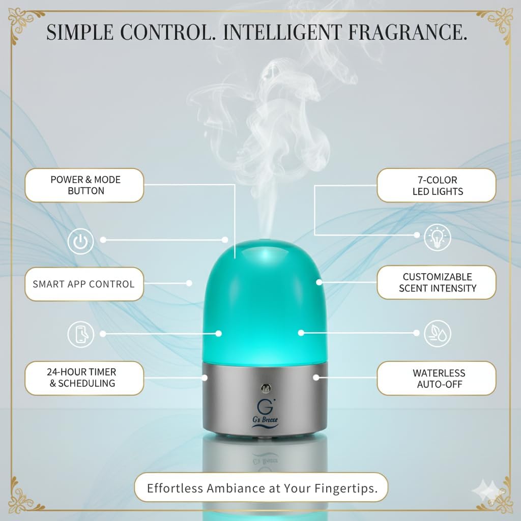 G’s Breeze Smart Diffuser with Refill – Bluetooth & Wi-Fi App Control, Gradient LED Lighting, Adjustable Scent Intensity, 24 Hour, Aromatherapy Diffuser for Home & Office - Dark Chocolate & Strawberry
