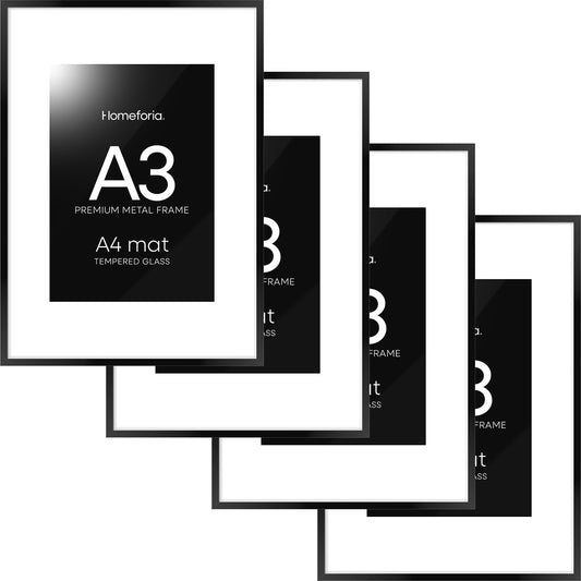 Homeforia A3 Picture Frame Black, High End Metal 11.7 x 16.5 inch Poster Frames with Mat 8.3 x 11.7 for Photo, A3 Size Frames Matted to A4 Print, 11.7x16.5 Wall Hanging Frame, Tempered Glass, Set of 4