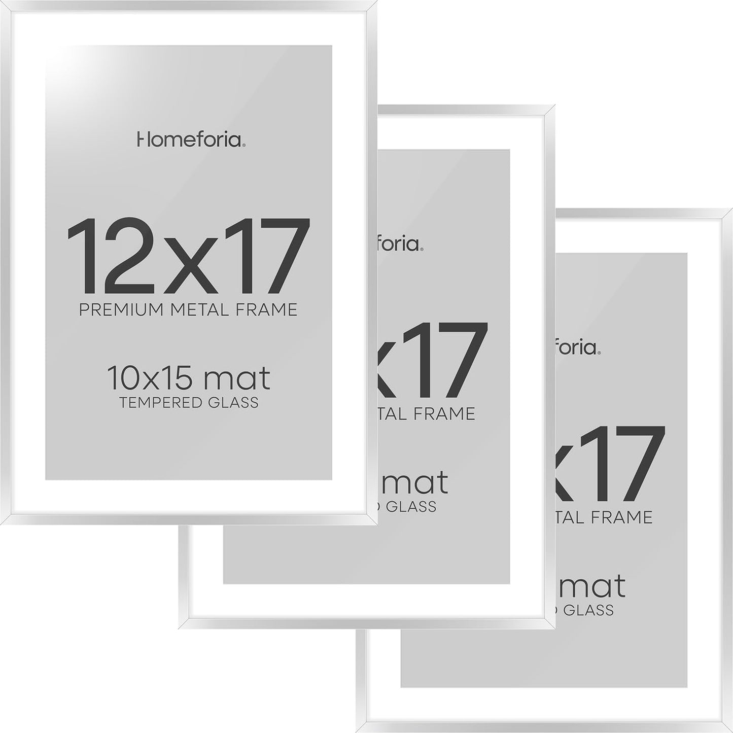Homeforia 12x17 Picture Frame Silver, High End Metal 12x17 Frames with Mat 10x15 for Photo, 12 x 17 Silver Poster Frame Matted to 10 x 15 Print, 17x12 Hanging Frame, Tempered Glass, Wall Kit, Set of 3