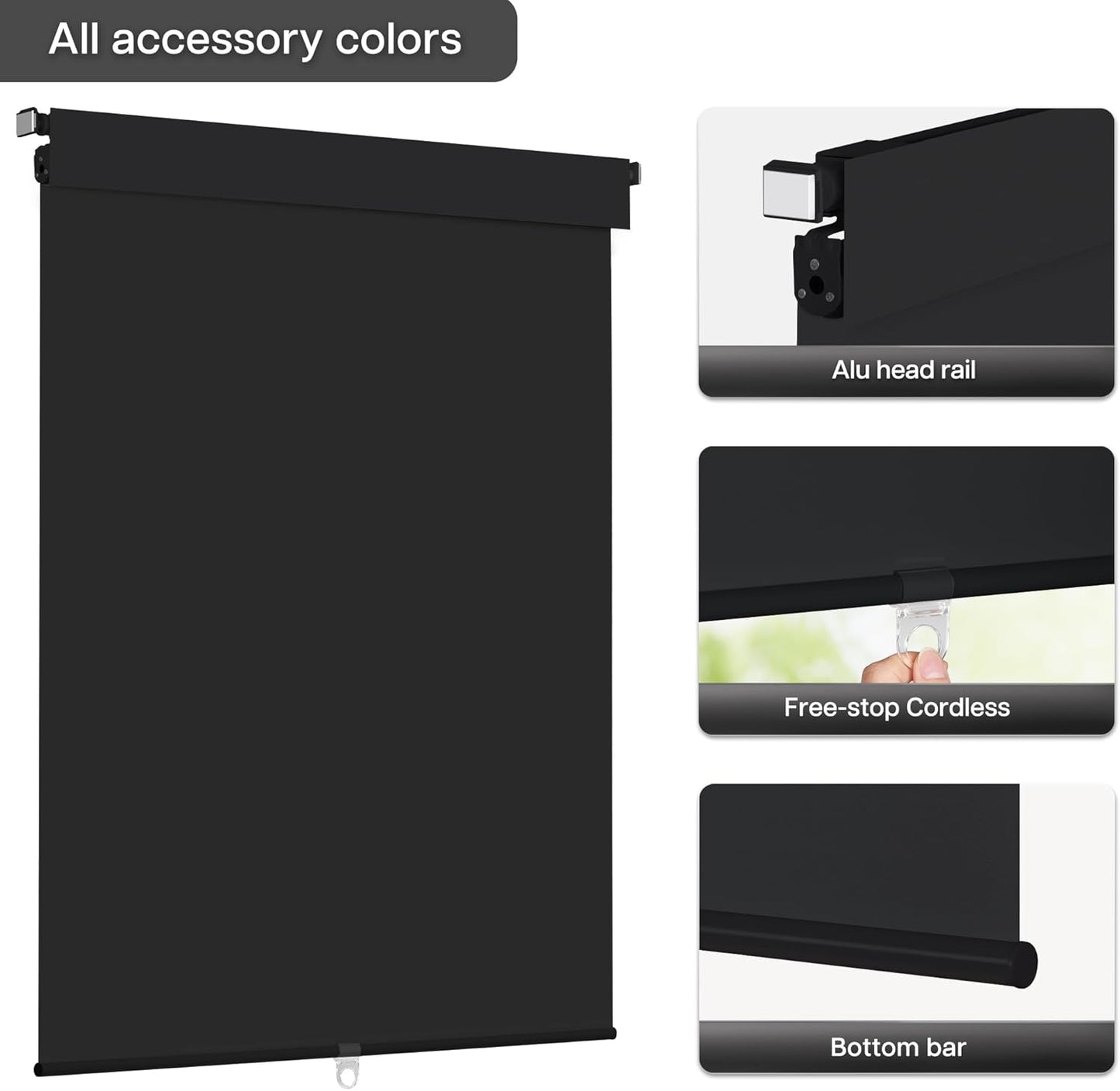 LazBlinds No Drill Blinds for Indoor Windows, Blackout Roller Shades, Cordless Window Blackout Blinds, Thermal Insulated Fabric UV Protection for Home and Office, 39" W x 72" H, Black