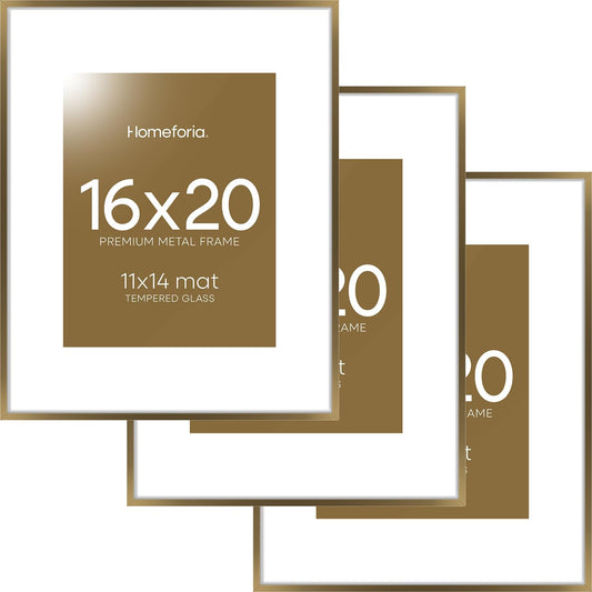 Homeforia Picture 16x20 Bronze Frame, High End Metal 16x20 Brass Poster Frames with Mat 11x14 for Photo, 16 x 20 Frame Matted to 11 by 14 Print, 20x16 Hanging Frames, Tempered Glass, Wall Kit, Set of 3