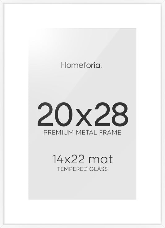 Homeforia 20 x 28 Picture Frame White, High End Metal 20x28 Poster Frames with Mat 14x22 for Photo, 20 x 28 White Frame Matted to 14 x 22 Print, 28x20 Hanging Frame, Tempered Glass, Wall Kit, Set of 1