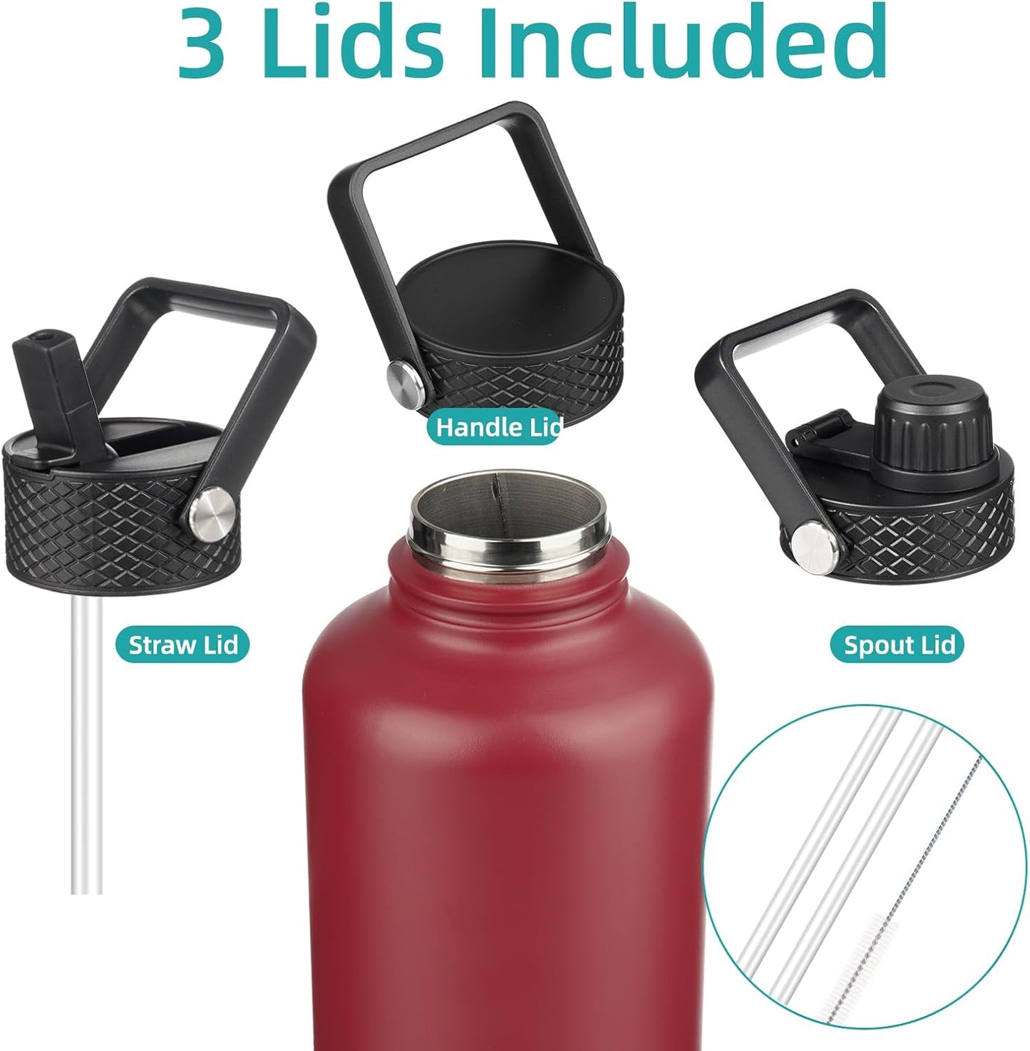 Half Gallon Insulated Water Bottle with Straw,64 oz 3 Lids Water Jug with Carrying Bag,Paracord Handle,Double Wall Vacuum Stainless Steel Metal Flask,Dark Red