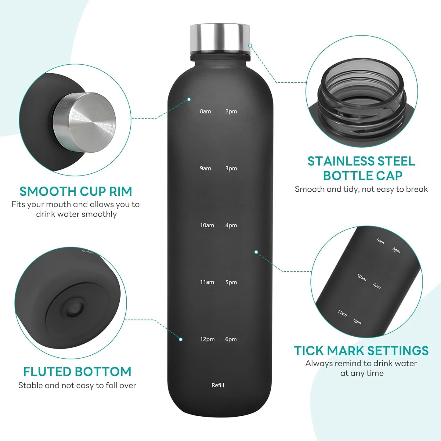 1L（33 oz） daily tracking schedule time hours reminder motivational day goals hydration capacity measured marker tracker plastic wide mouth measurements water bottle