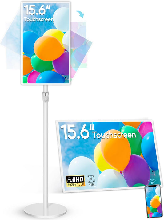 15.6" Digital Signage with 10000mAh Battery, Capacitive Touchscreen Advertising Display, Adjustable Stand, Android 11 Commercial LCD Monitor with Auto Play, Wireless Screen Mirroring, 8+128GB, White
