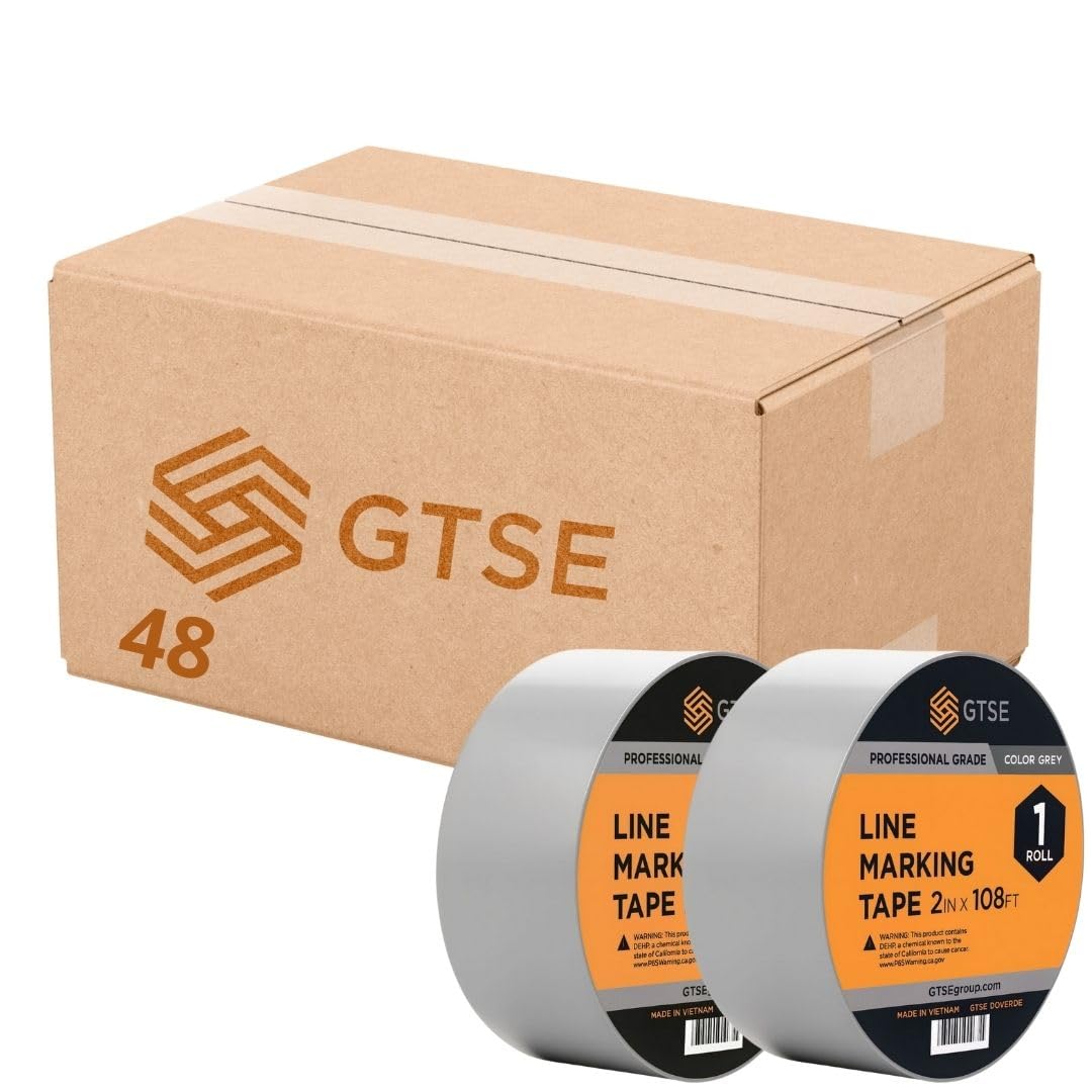 GTSE 2 inch x 108 ft Gray PVC Vinyl Floor Tape, 48 Rolls, Safety Marking Tape, 6 mil Thick, Suitable for Dance Floors, Gyms, Warehouses, Sports Facilities
