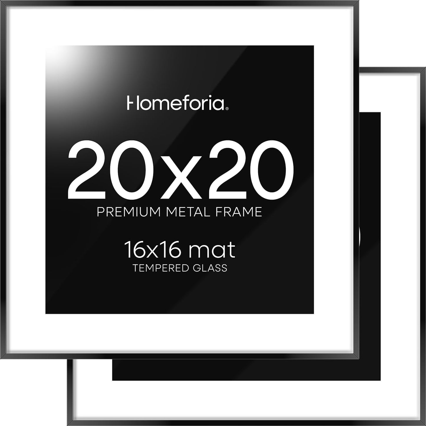 Homeforia 20x20 Picture Frame Black, High End Metal 20x20 Square Poster Frame Matted to 16x16 Print, 20 x 20 Black Frames with Mat 16 x 16 Photo, 20by20 Thin Frames, Tempered Glass, Wall Kit, Set of 2