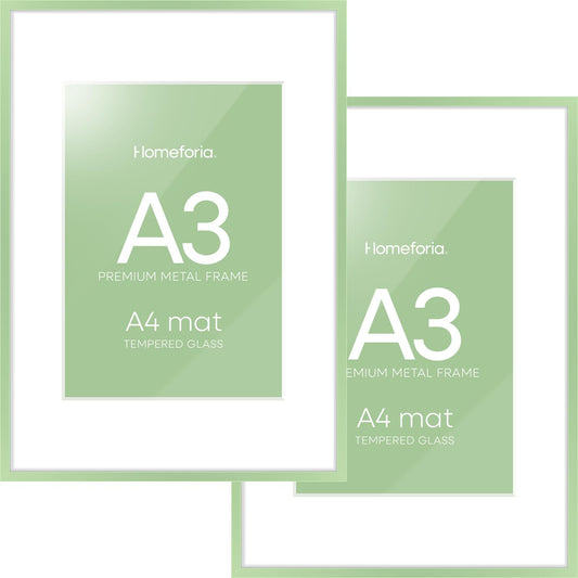 Homeforia A3 Picture Frame Sage Green, High End Metal 11.7 x 16.5 inch Poster Frames with Mat 8.3 by 11.7 for Photo, A3 Size Frame Matted to A4 Print, 11.7x16.5 Hanging Frame, Tempered Glass, Set of 2