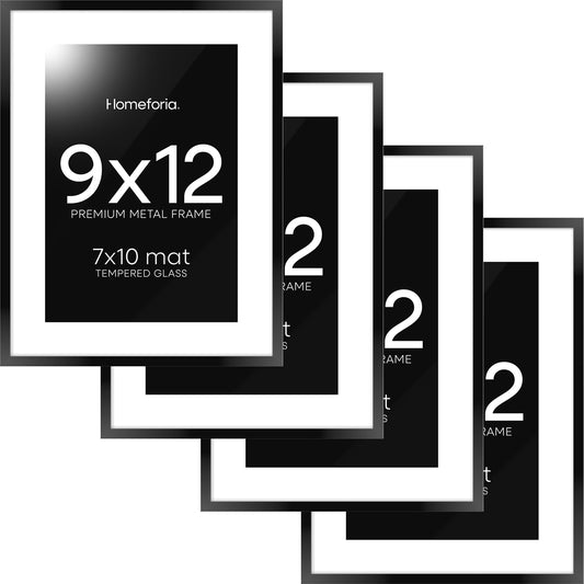 Homeforia 9x12 Picture Frame Black, High End Metal 9 x 12 Poster Frames with Mat 7 by 10 inch Photo, 9by12 Frame Matted to 7x10 in Art, 12x9 Wall or Tabletop Frames, Tempered Glass, Wall Kit, Set of 4