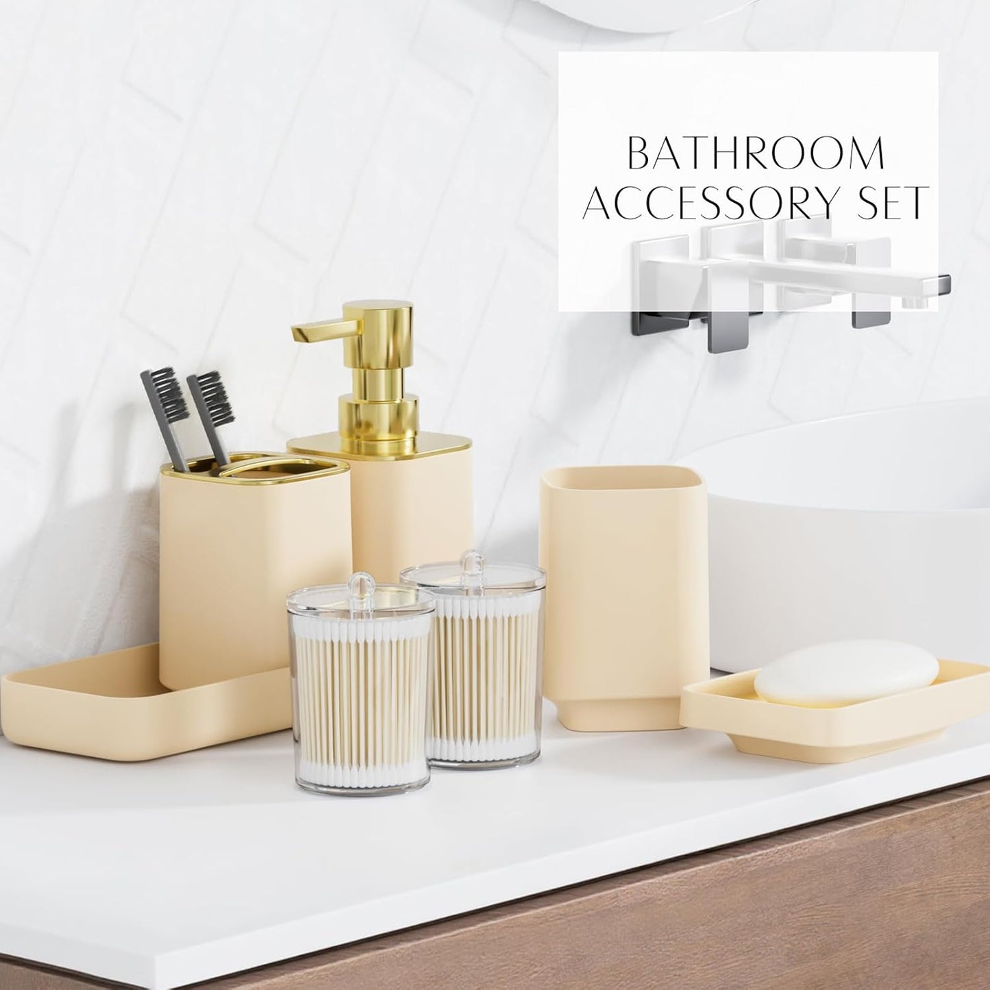 25PCS Bathroom Accessory Set, Beige Bathroom Set with Large-Capacity 4 Gallon Trash Can,Bathroom Rugs Set, Waterproof Shower Curtain, Toilet Brush, Toothbrush Holder & Soap Dispenser