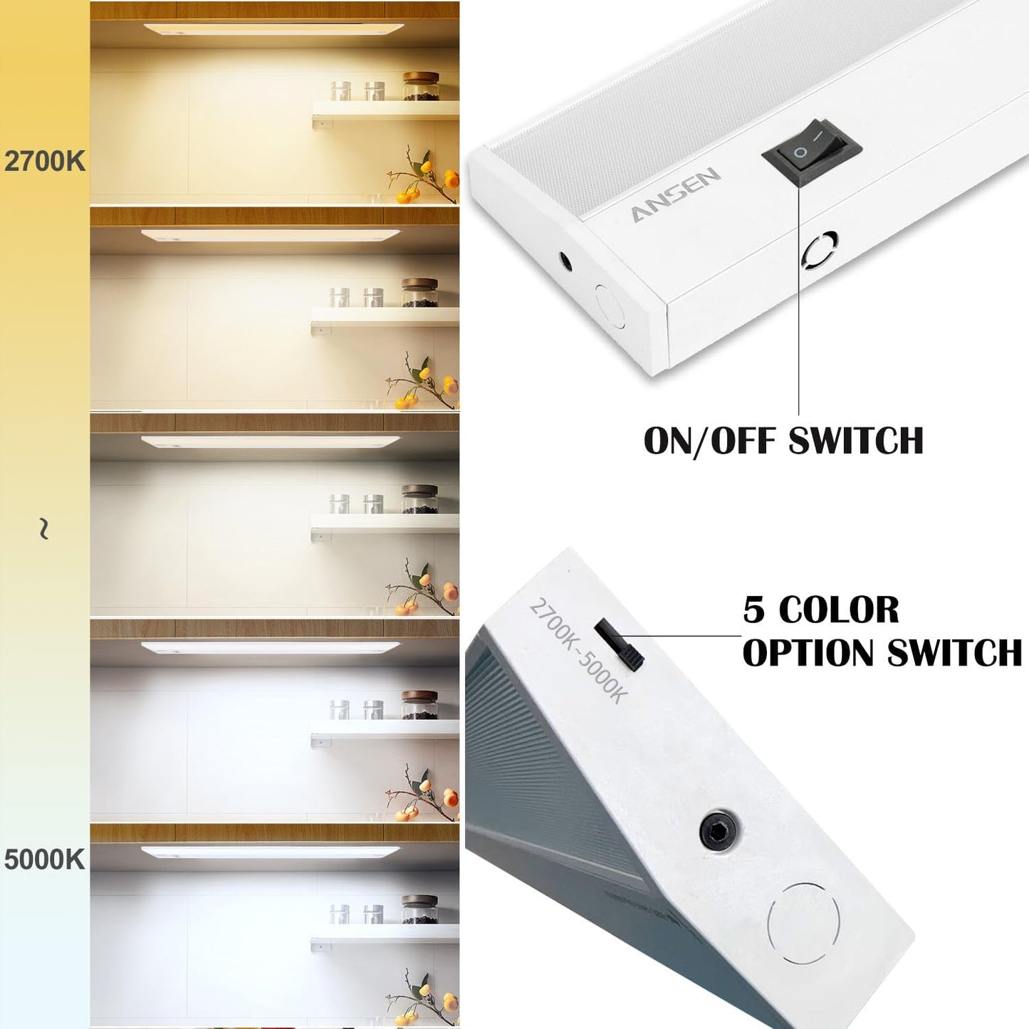 Ansen 12inch 10w 666.7lm Hardwired Under Cabinet Lights, 5CCT 2700K-5000K, CRI 92+, R9 90+, UGR Lower Than 16, LED Dimmable Under Counter Lighting for Kitchen