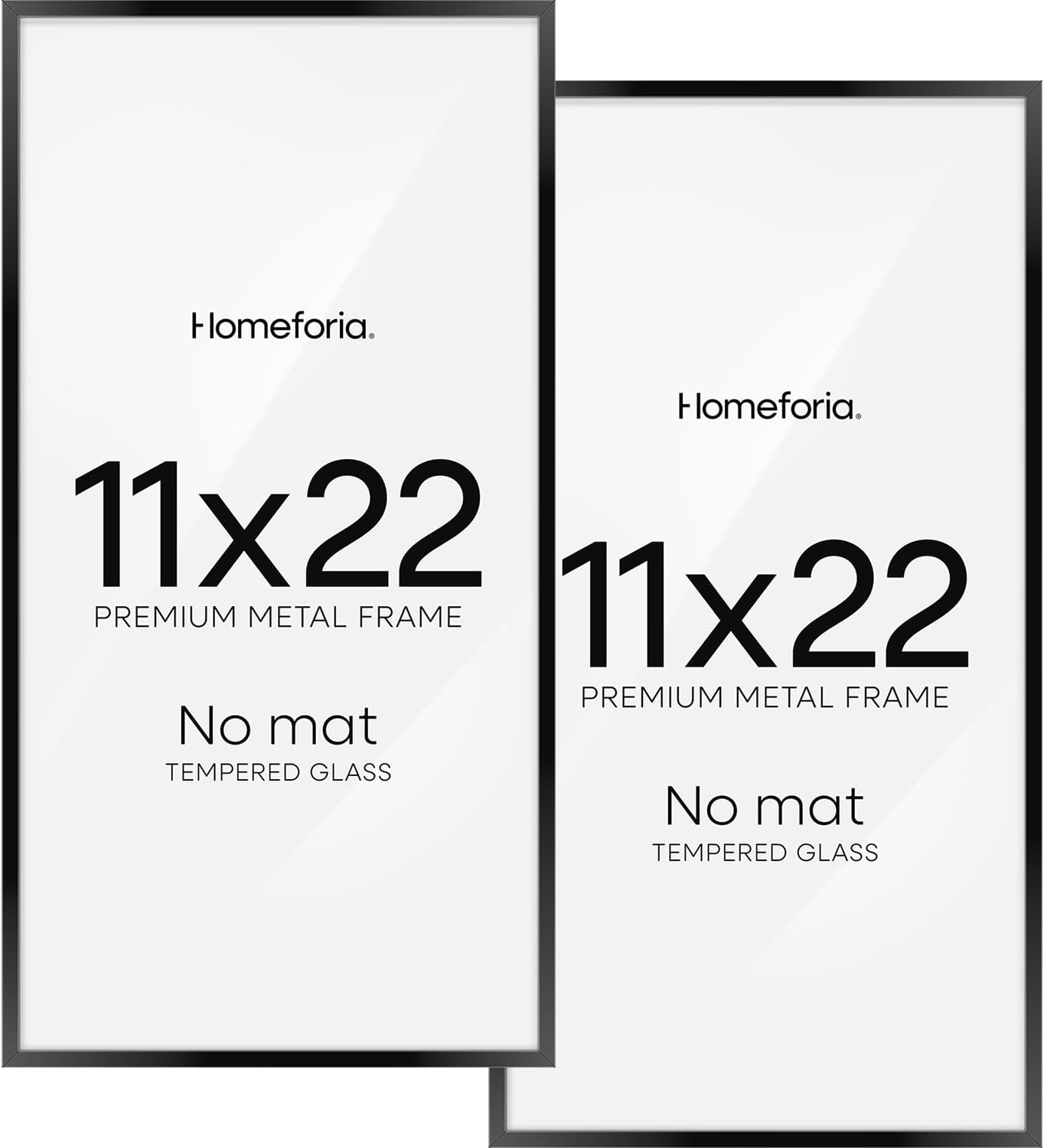 Homeforia 11x22 Black Newspaper Frame, High End Metal 11 x 22 Picture Frame without Mat, 22x11 Thin Black Poster Frames for Wall, 11by22 inches Display Photo Frames, Tempered Glass, Wall Kit, Set of 2