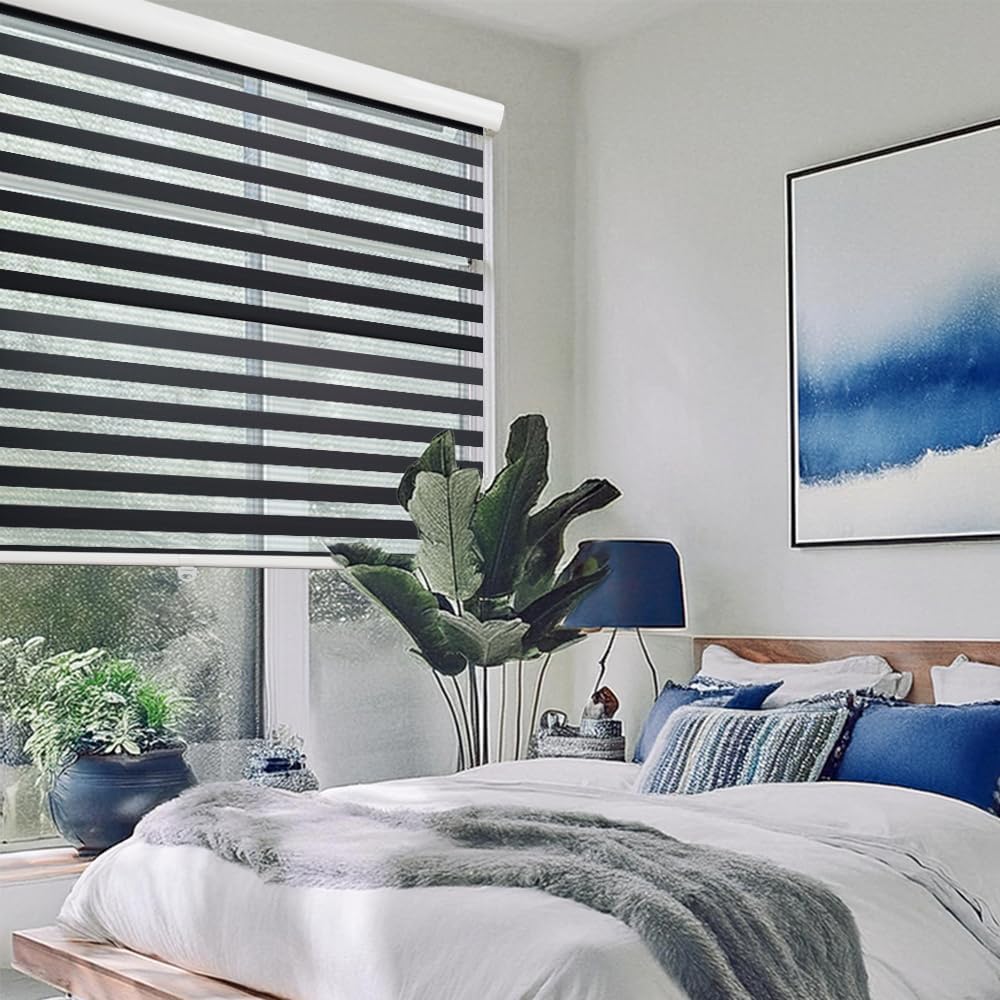 ShadesU Cordless Zebra Blinds – Light Filtering Dual-Layer Window Shades for Privacy (Black Color) (Maximum Height 72") (Width 74")