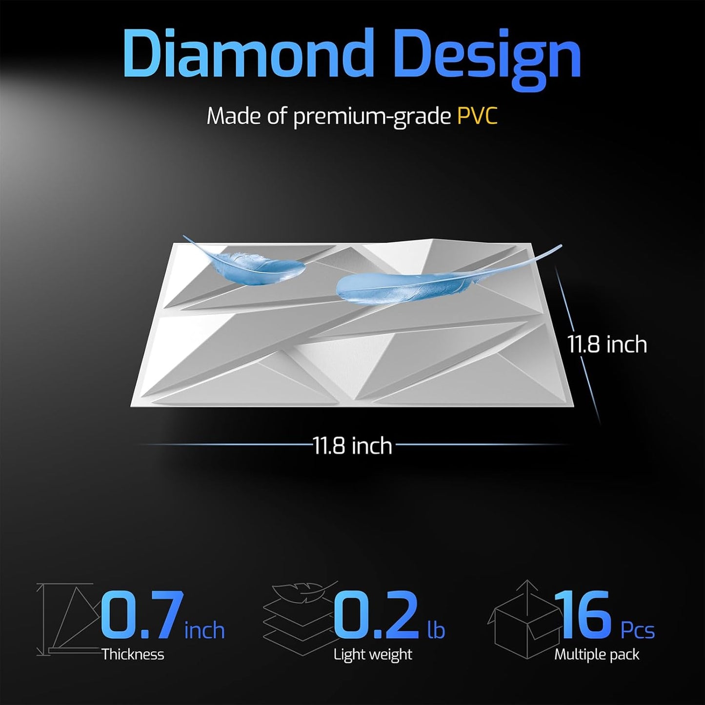 16 Pack White 3D Wall Panels for Interior Wall Decor, 11.8'' x 11.8'' Decorative Wall Panels, Accent Wall Panels, 3D Diamond Design Wall Decor for Living Room, Bedroom, Gaming Room