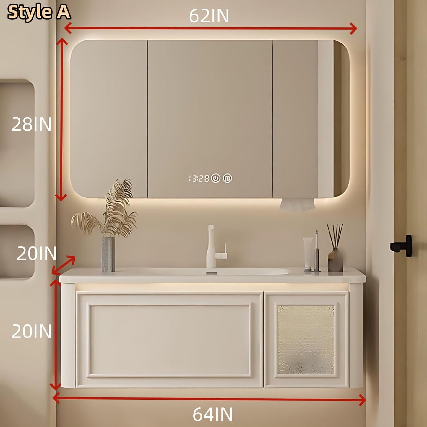 64IN Wall Mounted Bathroom Vanity Set - Wood Bathroom Vanities has Tissue Hole Design | Includes Smart Defogging Mirror Cabinet & Time Display, Rounded Corners, Glass Cabinet Doors (Style A)