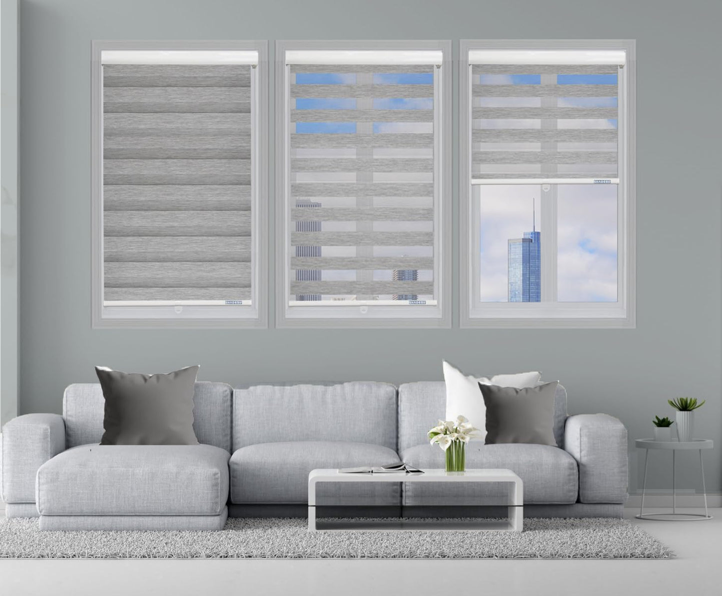 Shadesu Cordless Zebra Blinds for Windows, 44" W x 72" H, Grey, Dual Layer Free-Stop Zebra Shades, Light Control for Day and Night, Sheer Blinds for Indoor Windows, Bedroom, Kitchen