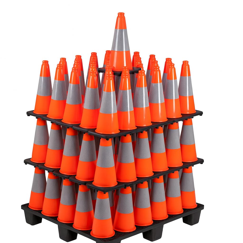 (360 Pack Pallet) BESEA 18 Inch Orange PVC Traffic Cones with Black Base, High-Visibility Reflective Parking Cones, Durable Construction Safety Cones for Roads, Worksites, and Parking Areas