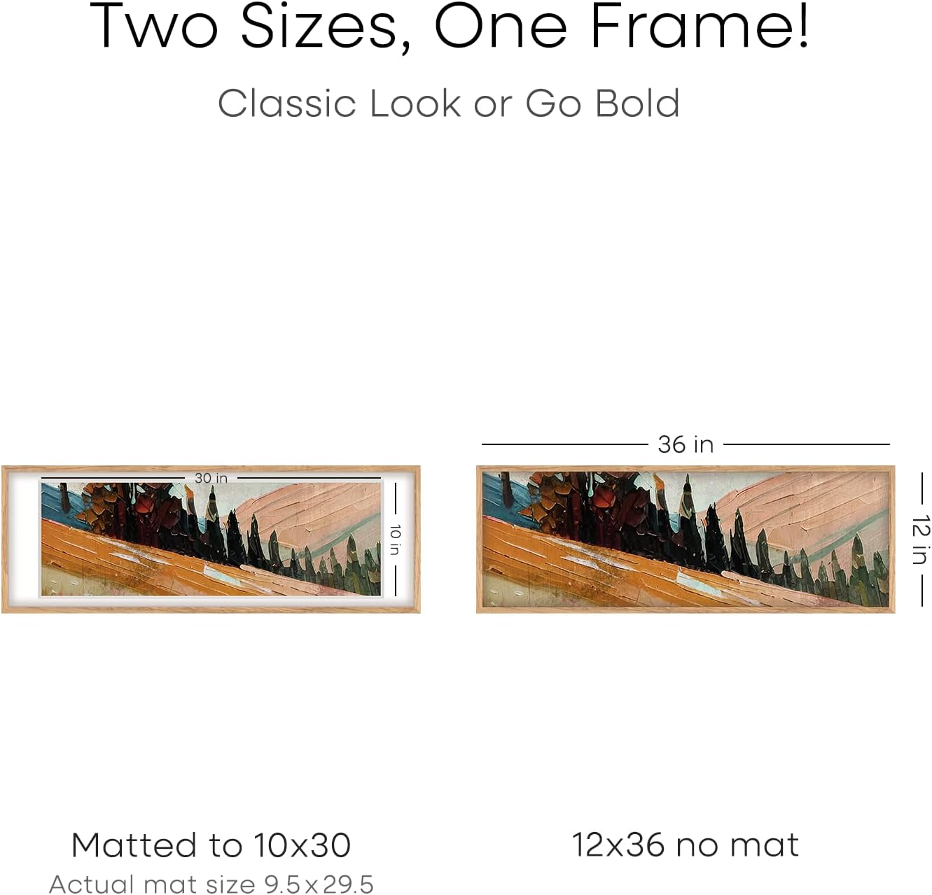 Homeforia 12x36 Wood Frame, High End Natural Oak 12x36 Light Wooden Picture Frame with Mat 10x30, 12 x 36 Poster Frames Matted to 10 by 30 Art, 36x12 Hanging Frames, Tempered Glass, Wall Kit, Set of 1