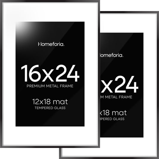 Homeforia 16 x 24 Picture Frame Black, High End Metal 24x16 Poster Frame, 16 x 24 Black Frames Matted to 12 by 18 inch Print, 24by16 Thin Frame with Mat 12x18 Photo, Tempered Glass, Wall Kit, Set of 2