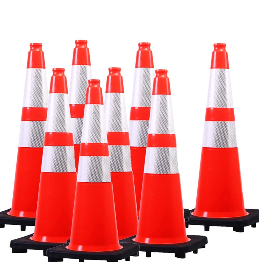 (8 Cones) BESEA 28” inch Orange PVC Traffic Cones, Black Base Construction Safety Cones Road Parking Cone Structurally Stable Wearproof (28" Height)