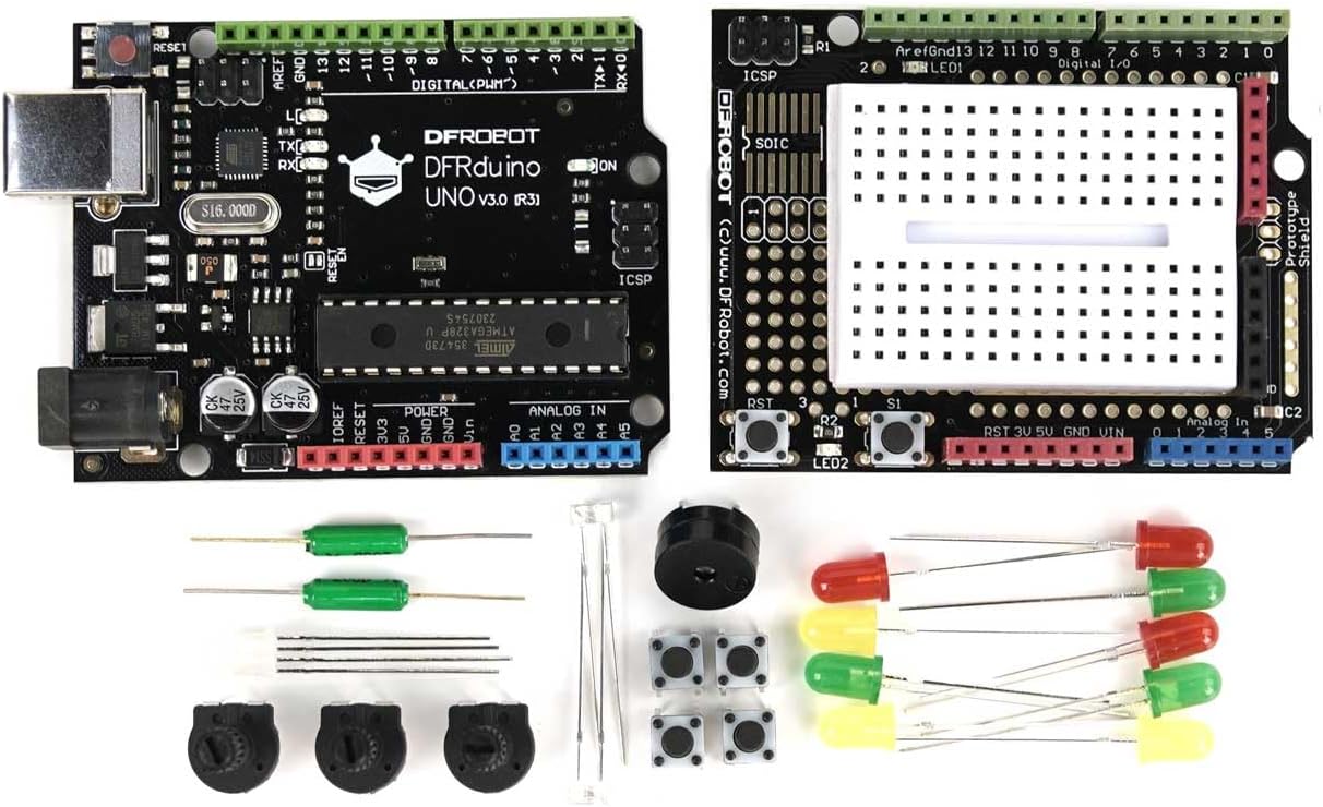 DFRobot Basic Electronics Starter Kit for Beginners - with UNO R3 Board, Compatible with Arduino IDE, 83 Labeled Components & 12 Step-by-Step Tutorials - Frustration-Free for College STEM
