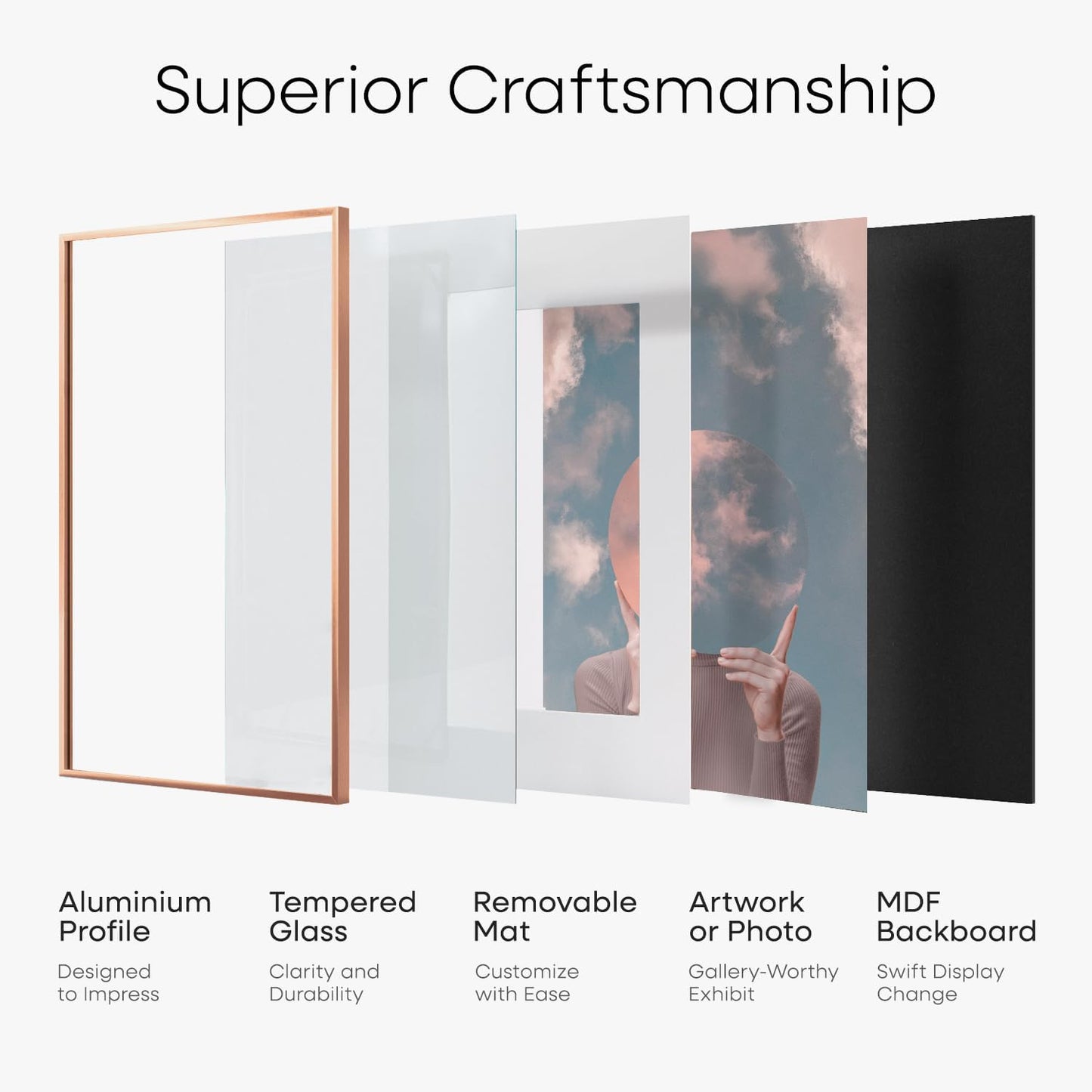 Homeforia 8x12 Picture Frame Rose Gold, High End Metal 8 x 12 Poster Frames with Mat 6 by 8 Photo, 12x8 Frame Matted to 6x8 inch Print, 8by12 Wall or Tabletop Frame, Tempered Glass, Wall Kit, Set of 1