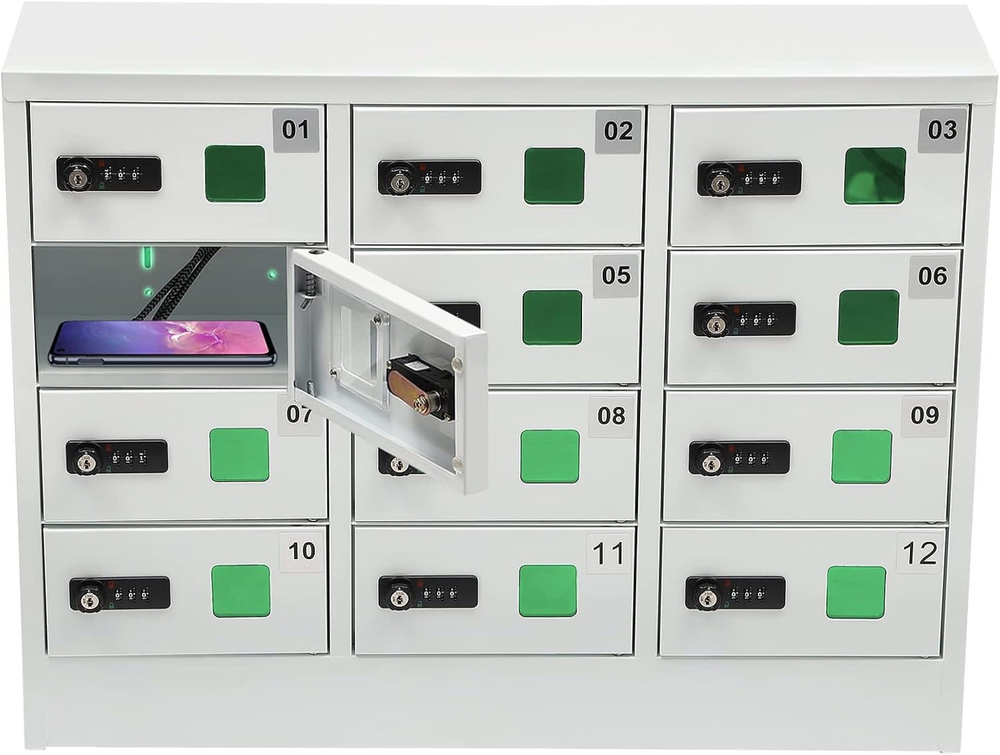 12 Slots Cell Mobile Phone Steel Locker with Combination Lock, Cellphone Charging Station with 3 in 1 Charging Ports for Most Phones, Cellphone Locker for Schools, Conference Rooms, and Offices