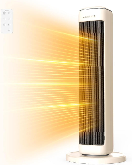 25" Space Heaters For Indoor Use Large Room, Electric Heaters For Indoor Use with Thermostat, Oscillating Room Heaters with Timer, Remote Control, Overheat Protection Tower Heater for Bedroom (Beige)