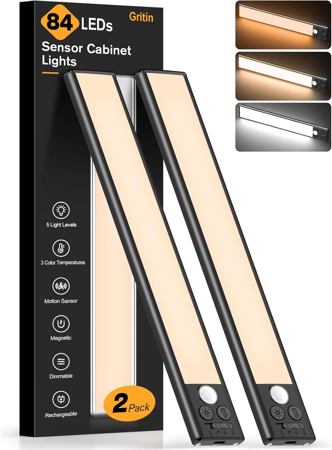 Gritin 10.2inch Under Cabinet Lighting Rechargeable -84 LED Super Bright,3-Color& 5 Level Brightness,4 Modes,Motion Sensor, Long Lasting- Easy Installation Magnetic Closet Lights -2 Pack-Black