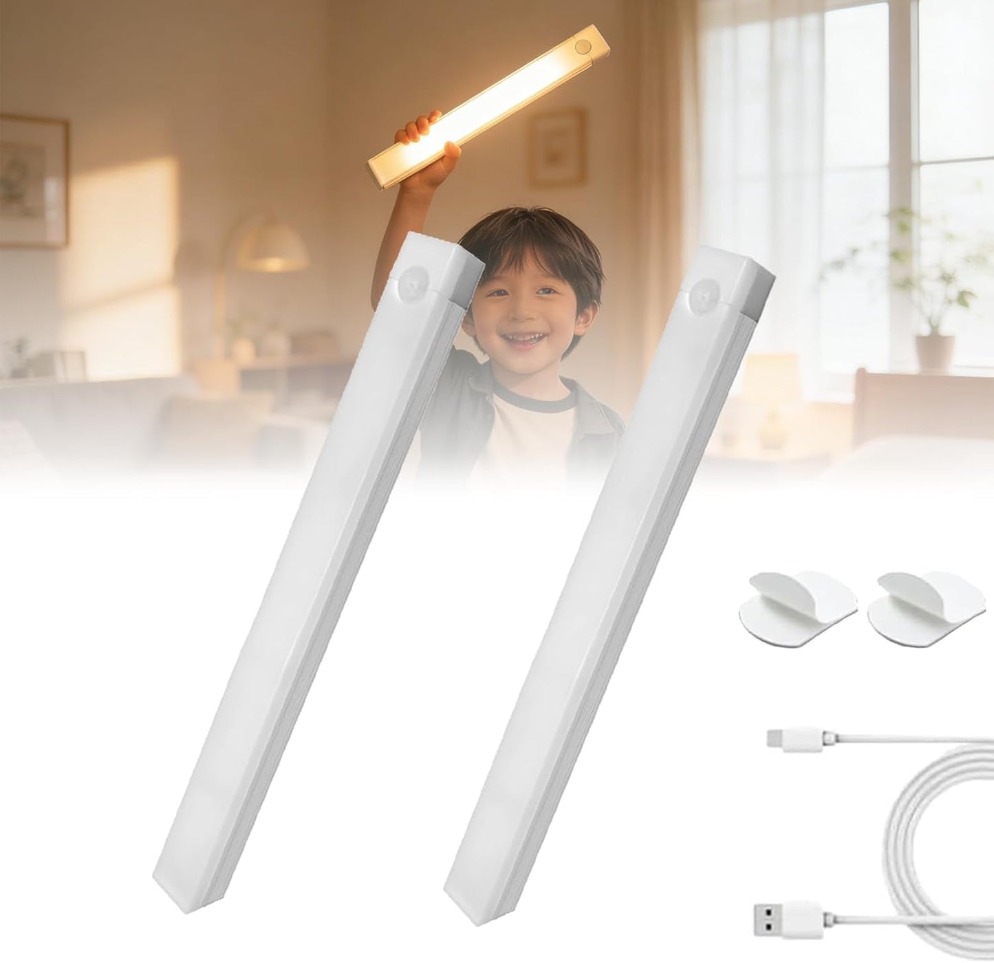 Punch-Free Smart Sensor Magnetic Rechargeable Led Lights, Rechargeable Motion Sensor Lights, Motion Sensor Light Indoor, for Wardrobes Kitchens Closets and Studios (2Set-White,20cm/7.87in)