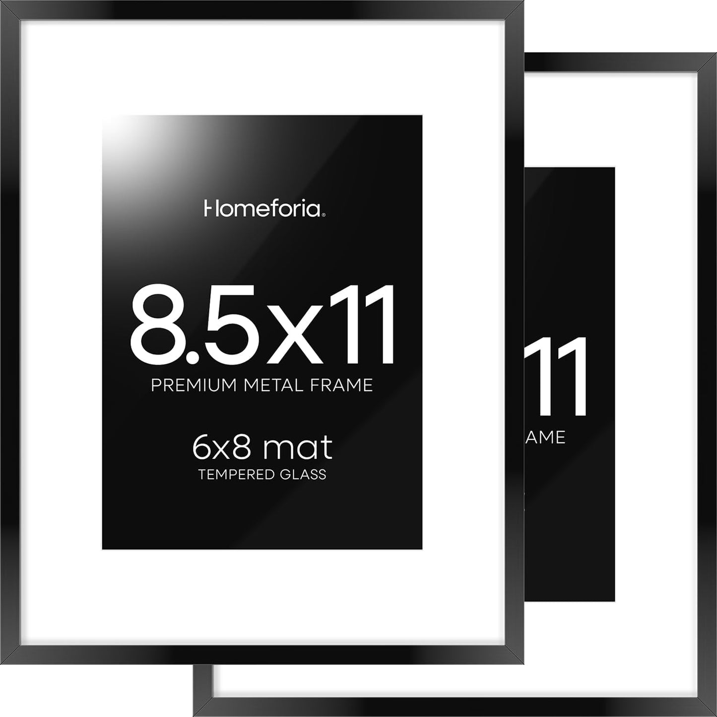Homeforia Black Picture Frame 8.5 x 11, High End Metal 8.5x11 Poster Frames with Mat 6x8 Photo, 8.5 x 11 Frame Matted to 6 by 8 Art, 8.5by11 Wall or Tabletop Frames, Tempered Glass, Wall Kit, Set of 2