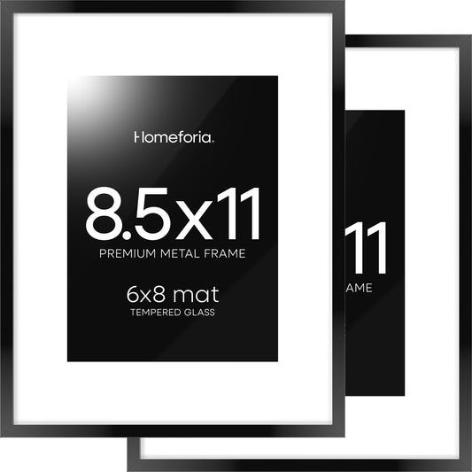 Homeforia Black Picture Frame 8.5 x 11, High End Metal 8.5x11 Poster Frames with Mat 6x8 Photo, 8.5 x 11 Frame Matted to 6 by 8 Art, 8.5by11 Wall or Tabletop Frames, Tempered Glass, Wall Kit, Set of 2
