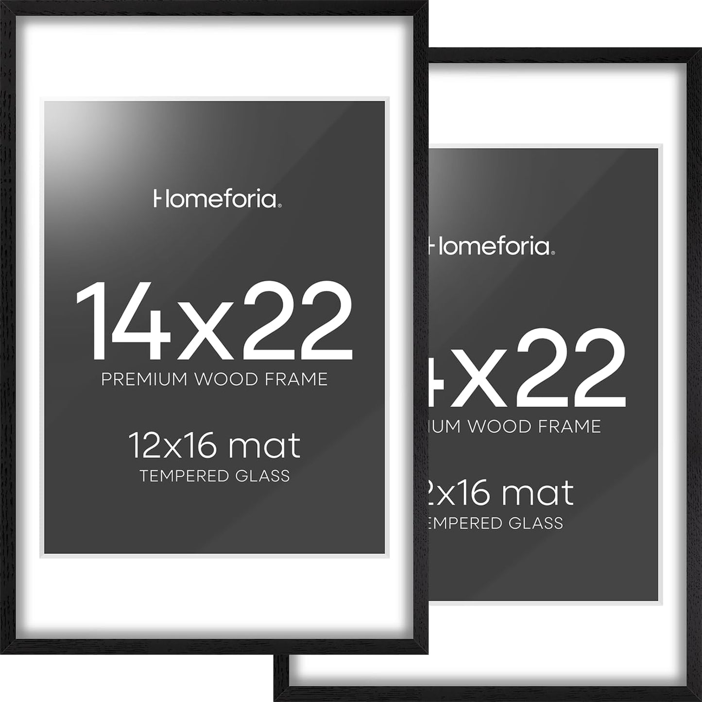 Homeforia 14x22 Frame Black Wood, High End Oak 14x22 Picture Frames with Mat 12x16 Photo, 14 x 22 Wooden Poster Frame Matted to 12 by 16 Print, 22x14 Hanging Frames, Tempered Glass, Wall Kit, Set of 2