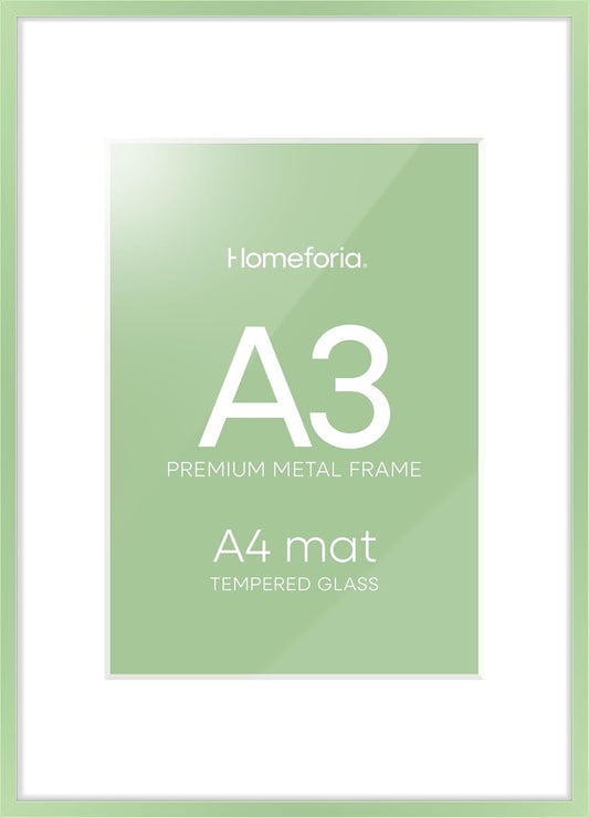 Homeforia A3 Picture Frame Sage Green, High End Metal 11.7 x 16.5 inch Poster Frames with Mat 8.3 by 11.7 for Photo, A3 Size Frame Matted to A4 Print, 11.7x16.5 Hanging Frame, Tempered Glass, Set of 1