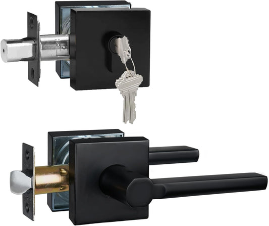 1 Set Passage Door Lever and Single Cylinder Deadbolt Lock Set, Heavy Duty Square Handle for Entrance and Front Door, Matte Black
