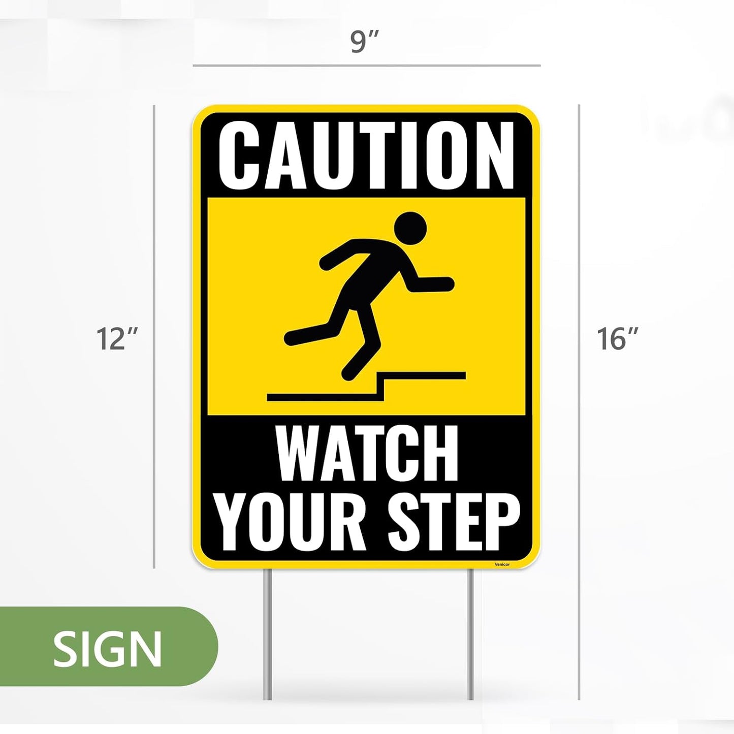 2PC Watch Your Step Sign with Metal Stakes, 12 Inches by 9 Inches - Corrugated Plastic - Caution Please Watch Your Step Sign Outdoor