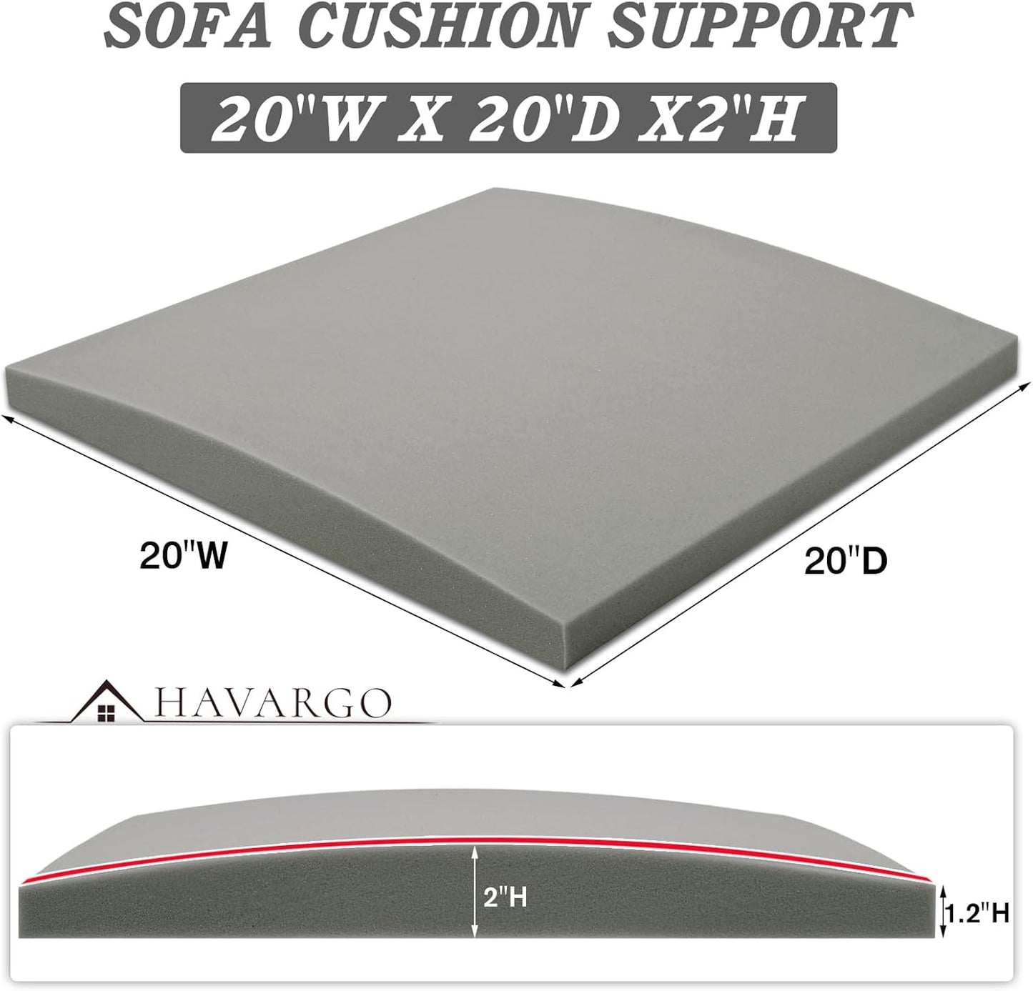HAVARGO Couch Cushion Support for Sagging Seat 20X20X2 Inches Couch Supports for Sagging Cushions, High Density Foam Sofa Cushion Support with Anti Slip Mesh Fabric Light Grey Set of 2