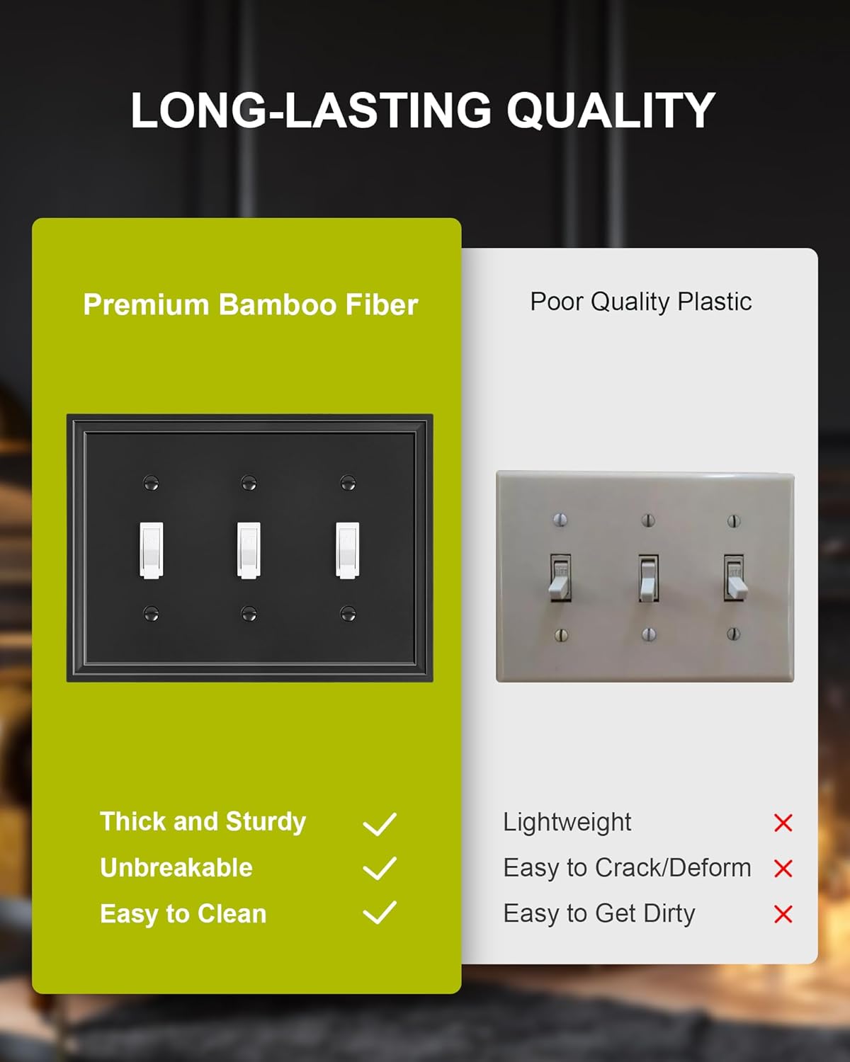 2-Pack Triple Toggle Light Switch Cover Plate, Black Decorative Switch Plate Covers, Natural Bamboo Fiber 3 Gang Wall Plate, Corrosion Resistant