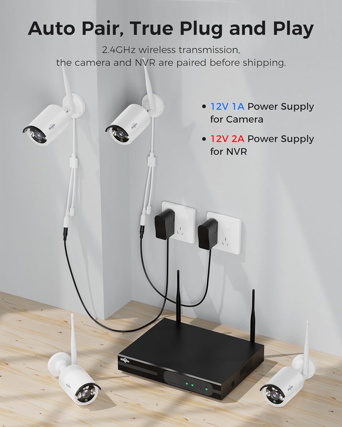 Hiseeu [24/7 Recording] Home Security Camera System, No Subscription, 4K NVR with 3MP Corded Plug-in Powered Outdoor Bullet Cameras, 2.4G/5G Wireless WiFi Connection, 1TB HDD, Night Vision, IP65