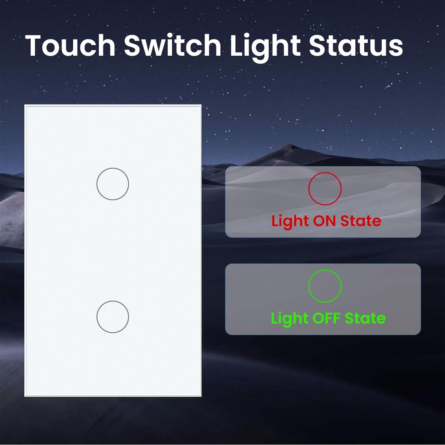 2 Way Light Switch 118X72X34MM No Neutral Wire, Wall Touch Switch 1000W, Tempered Glass Panel, FCC, White 2 Gang