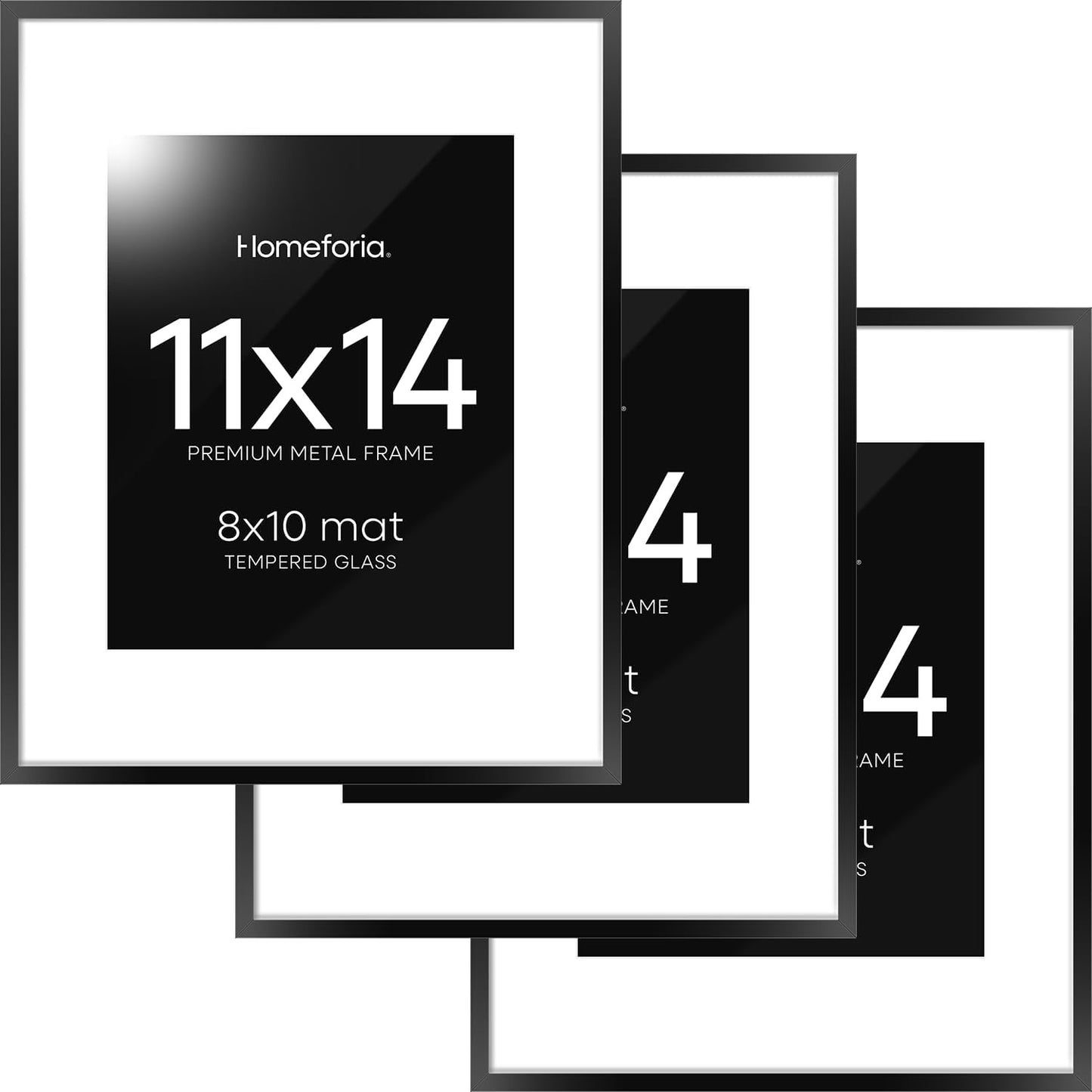 Homeforia Black 11x14 Picture Frame, High End Metal 11x14 Poster Frames with Mat 8x10, 11 x 14 Black Frame Matted to 8 x 10 inch Photo, 11 by 14 Thin Hanging Frames, Tempered Glass, Wall Kit, Set of 3