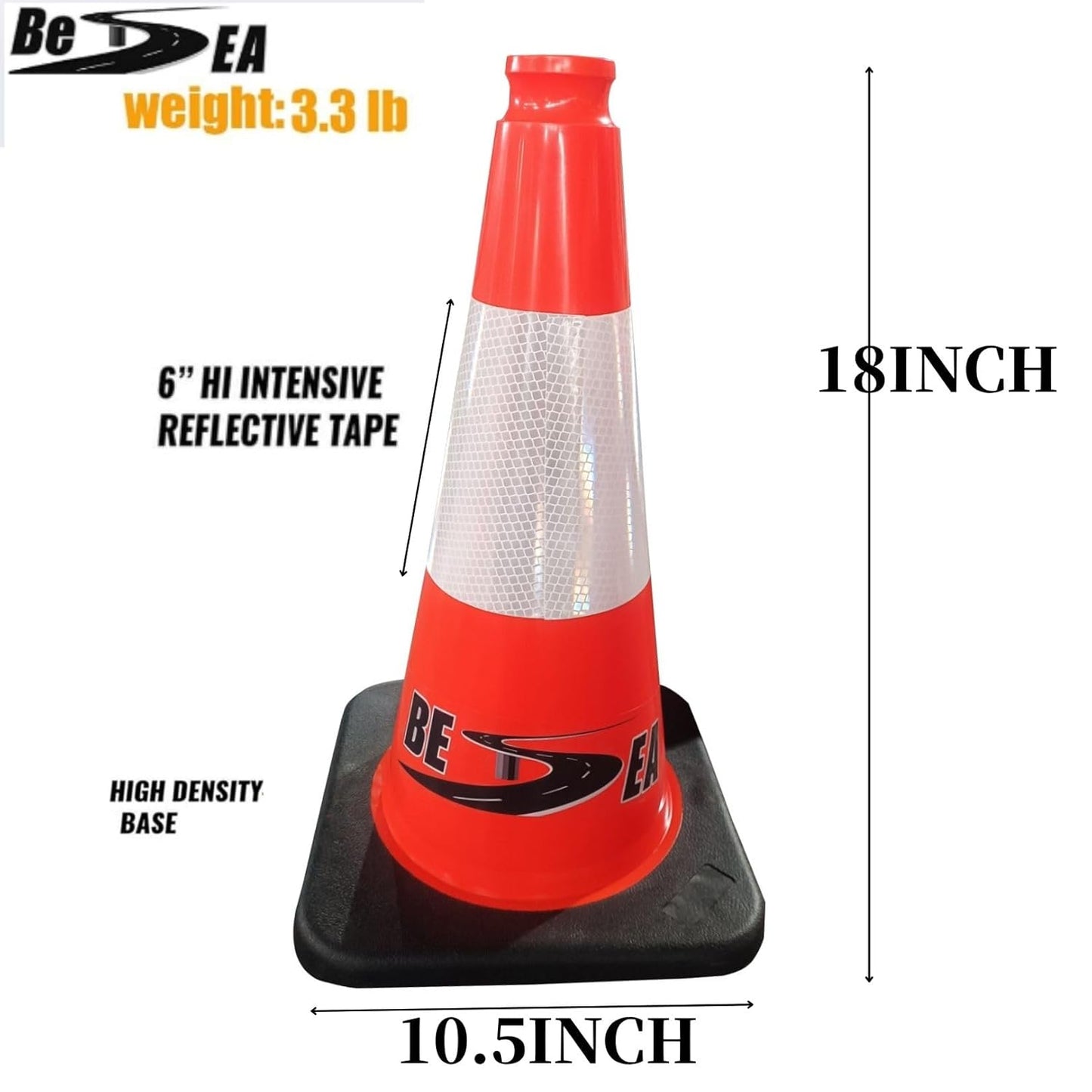 (8 Cones) BESEA 18" inch Traffic Cones Traffic Safety Cones Black Base Construction Road Parking Cone with 6" Highly Reflective Collar(8 Pack)