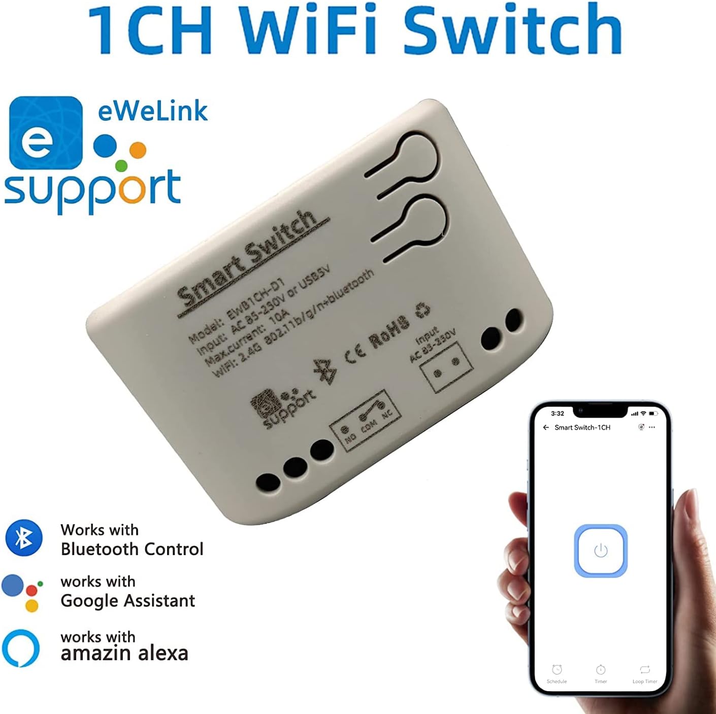 1 Channel Smart WiFi Relay Switching Module USB 5V/AC85V-250V, Supports Bluetooth Control, eWeLink App Remote Control, for Alexa Google Home