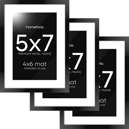 Homeforia 5x7 Picture Frame Black, High End Metal 5 x 7 Black Frames with Mat 4 x 6 for Art, 5x7 Desk Frame Matted to 4x6 inch Photo, 5 by 7 Wall or Tabletop Frames, Tempered Glass, Wall Kit, Set of 3