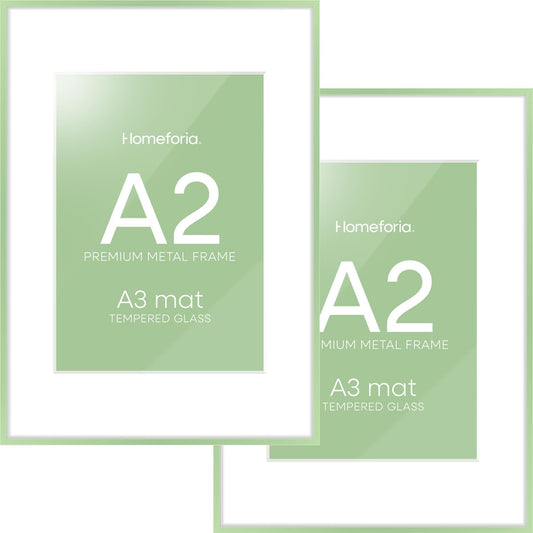 Homeforia A2 Poster Frame Sage Green, High End Metal A2 Picture Frame Sage Green with Mat A3 for Print, 16.5x23.4 Frame Matted to 11.7x16.5 Photo, 16.5 x 23.5 Frame, Tempered Glass, Wall Kit, Set of 2