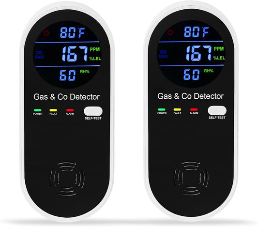 2 Packs Natural Gas & Carbon Monoxide Detector, 4-in-1 Explosive Gas & Carbon Monoxide Alarm with Temperature(°F) & Humidity for Home,RV,Hotel,Apartment