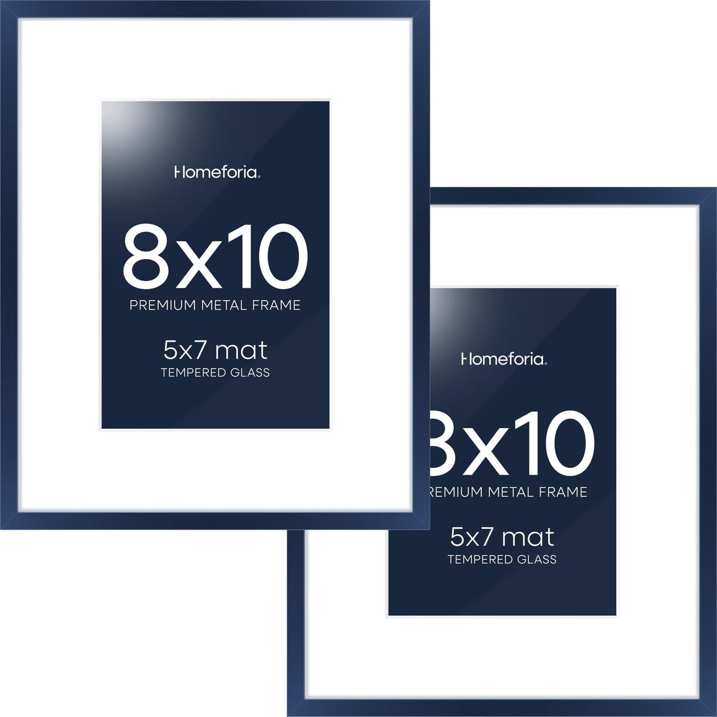 Homeforia 8x10 Picture Frame Navy Blue, High End Metal 8 x 10 Poster Frames with Mat 5 by 7 Print, 10x8 Thin Frame Matted to 7x5 Photo, 8by10 Wall or Tabletop Frame, Tempered Glass, Wall Kit, Set of 2
