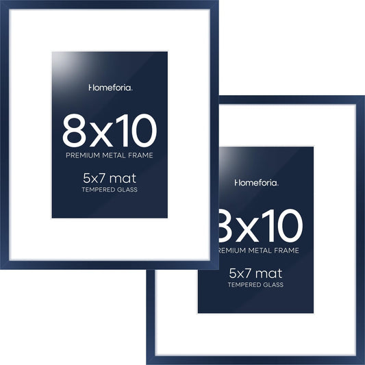 Homeforia 8x10 Picture Frame Navy Blue, High End Metal 8 x 10 Poster Frames with Mat 5 by 7 Print, 10x8 Thin Frame Matted to 7x5 Photo, 8by10 Wall or Tabletop Frame, Tempered Glass, Wall Kit, Set of 2
