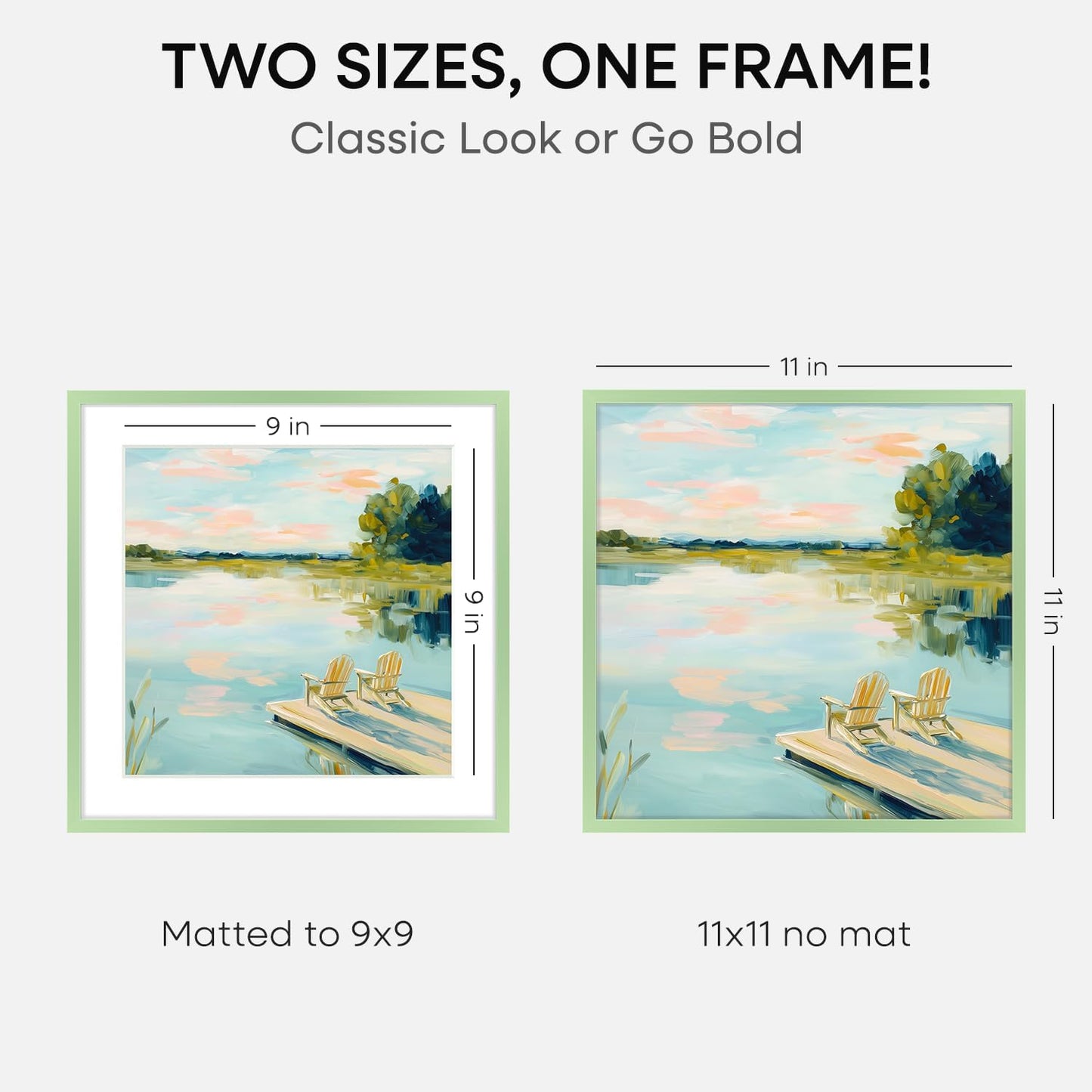 Homeforia 11x11 Sage Green Picture Frame, High End Metal 11 by 11 Square Frames with Mat 9 x 9 Photo, 11by11 Poster Frame Matted to 9x9 inch Art, Wall Hanging Frame, Tempered Glass, Wall Kit, Set of 2