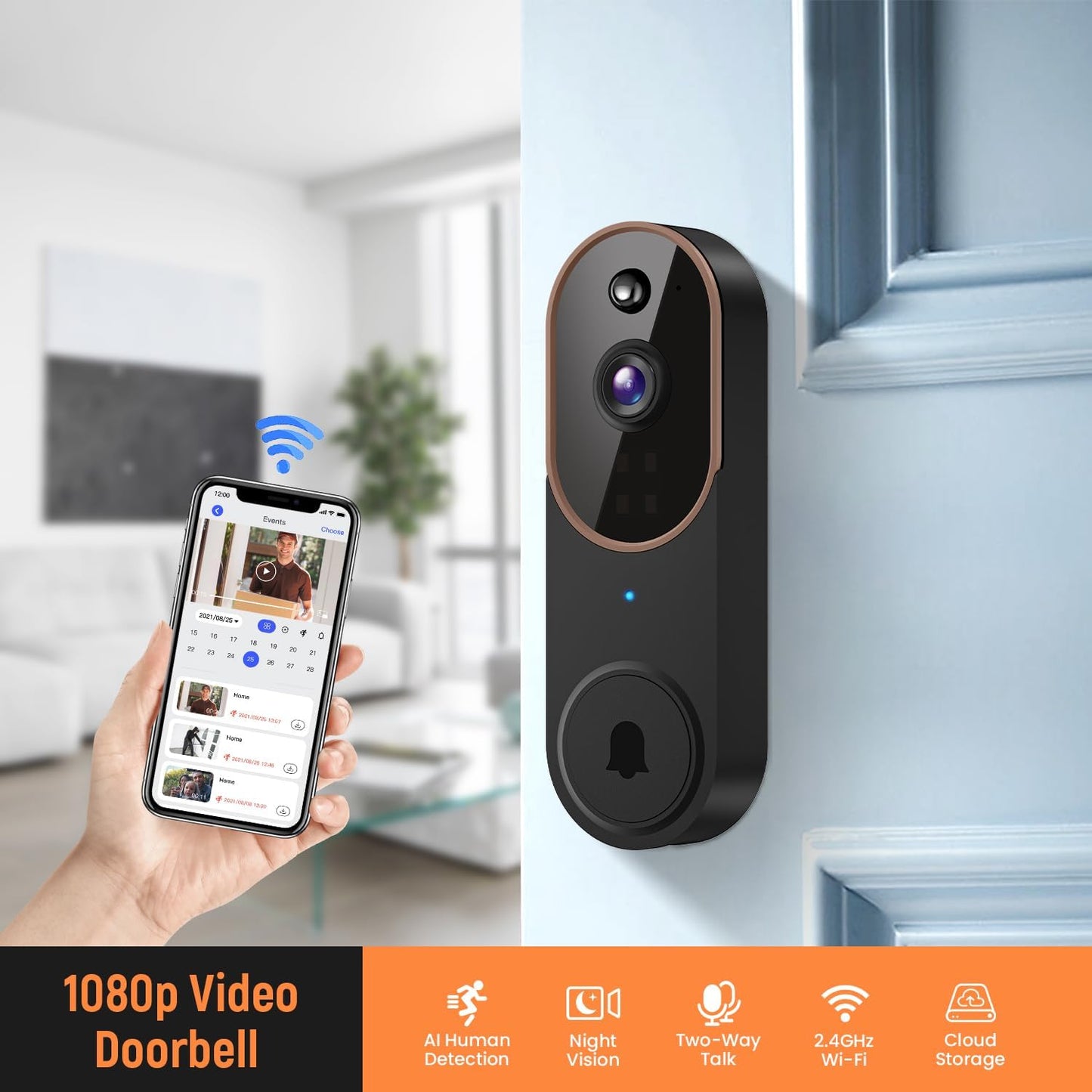 1080p Wireless Video Doorbell Camera, AI Human Detection, Live View, Night Vision, Cloud Storage, 2.4G WiFi, Battery Powered, Indoor Outdoor Surveillance (Comes with Doorbell Receiver)